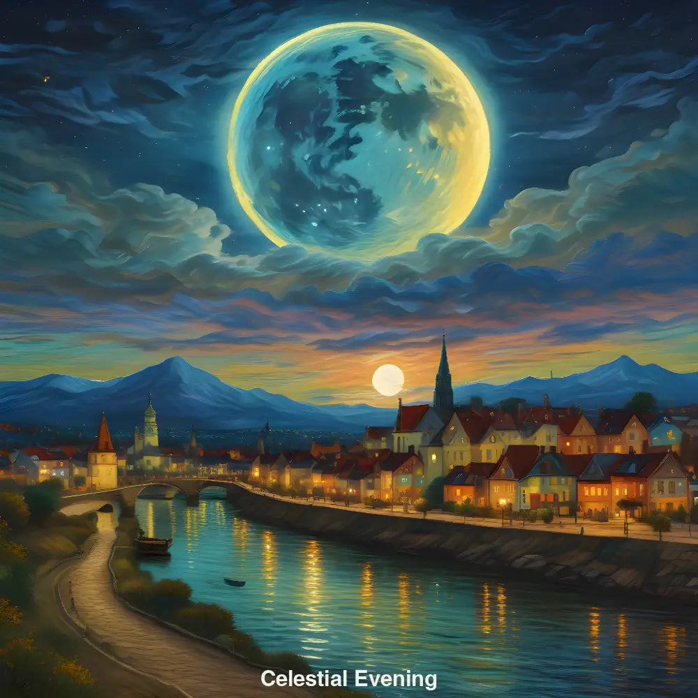 Mystischer Mond über leuchtender Stadtpromenade mit Straßenlaternen, der sich im ruhigen Fluss spiegelt – traumhafte Nachtkulisse.