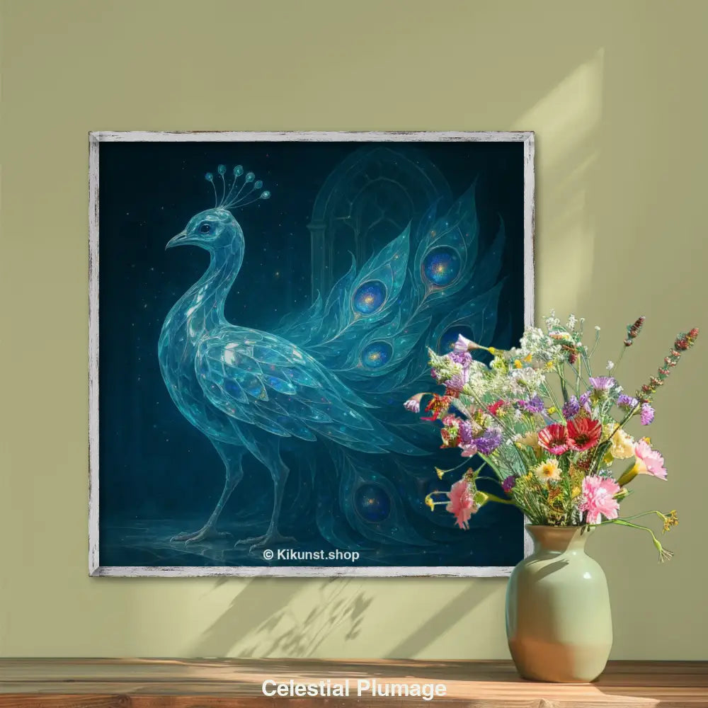 Mystischer Mockup-Pfau mit schillerndem Gefieder aus Licht und Galaxien in dunkler, sakraler Kulisse