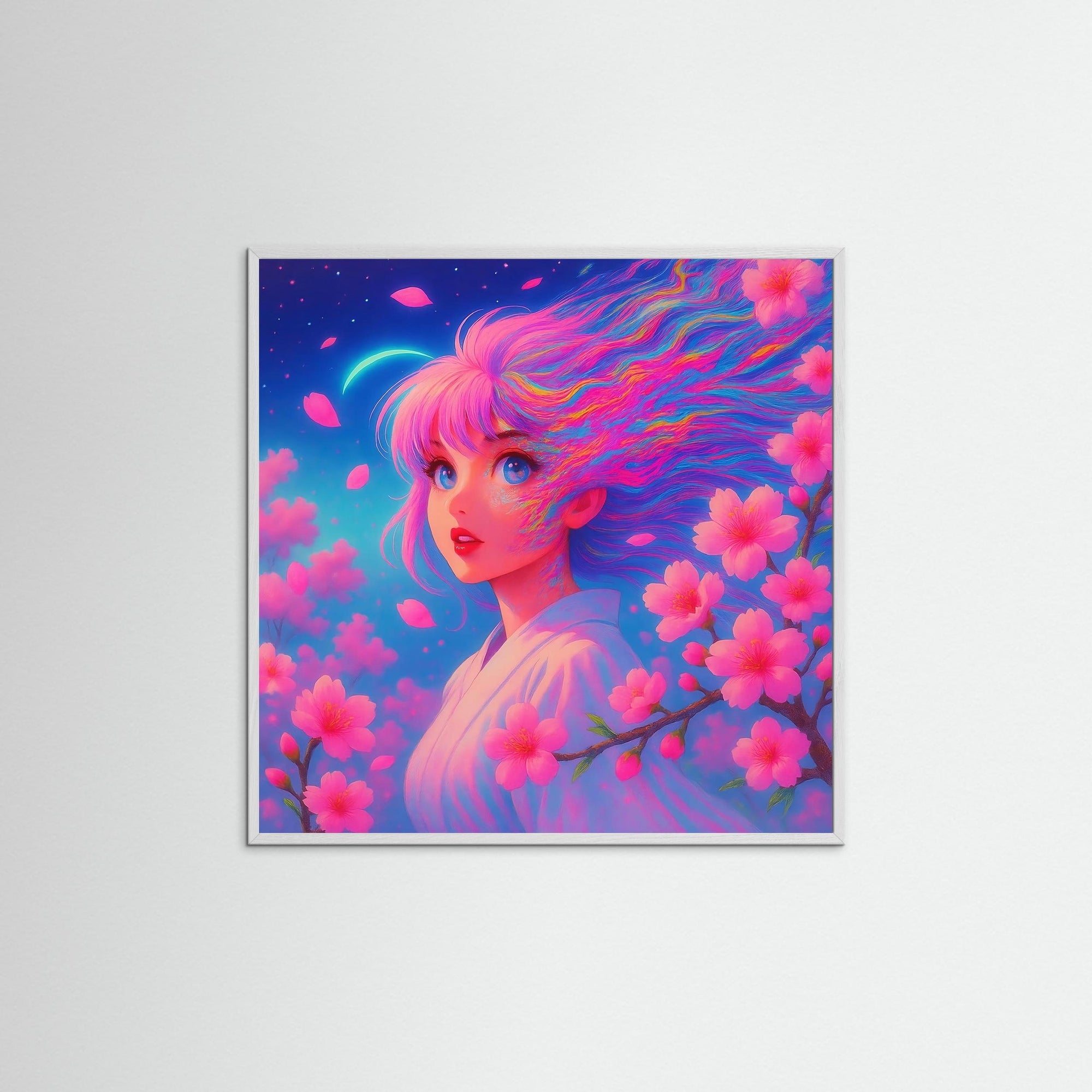 Gerahmte Ausführung von Cherry Bloom Dreamscape mit weißem Echtholzrahmen