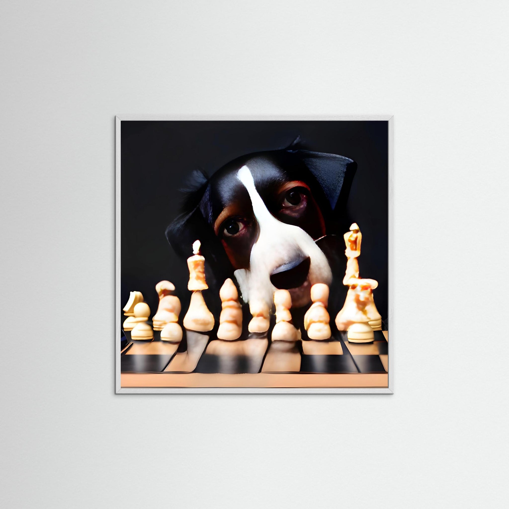 Chess Dog als gerahmtes Kunstmotiv mit weißem Echtholzrahmen