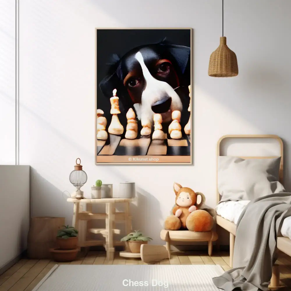 Ein Hund mit menschlichen Augen starrt neugierig auf ein Schachbrett voller skurriler, teils geschmolzener Spielfiguren in surrealer Szene.