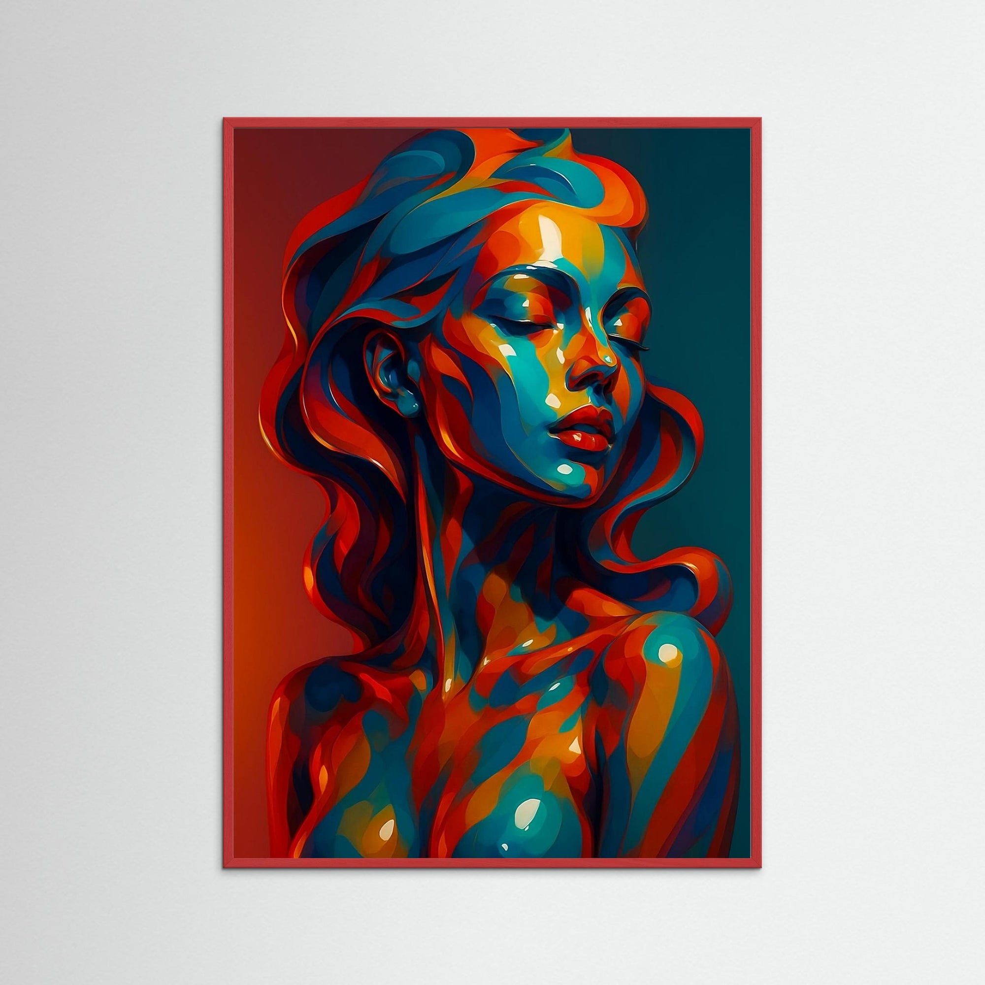 Chromaflow als Wandbild mit rotem Echtholzrahmen