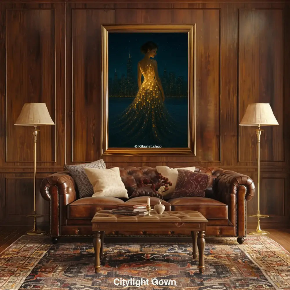 Elegante Frau bei Nacht, ihr Kleid leuchtet wie eine Stadt aus Lichtern vor der Silhouette einer Großstadt.