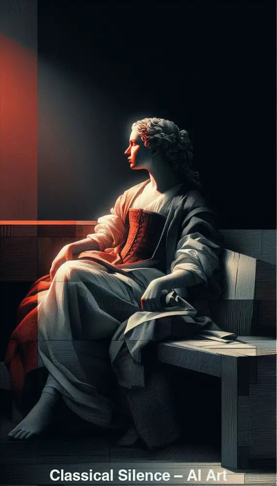 Sitzende weibliche Figur in klassischer Pose mit sanftem Licht und ruhiger Atmosphäre als moderne AI Art