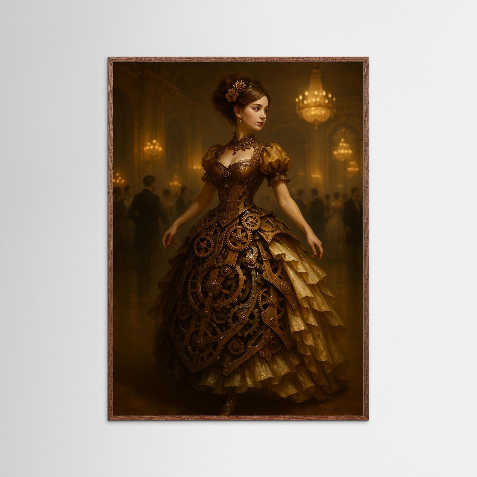 Clockwork Elegance at the Grand Ball als Kunstwerk mit Echtholzrahmen in dunkler Holzoptik