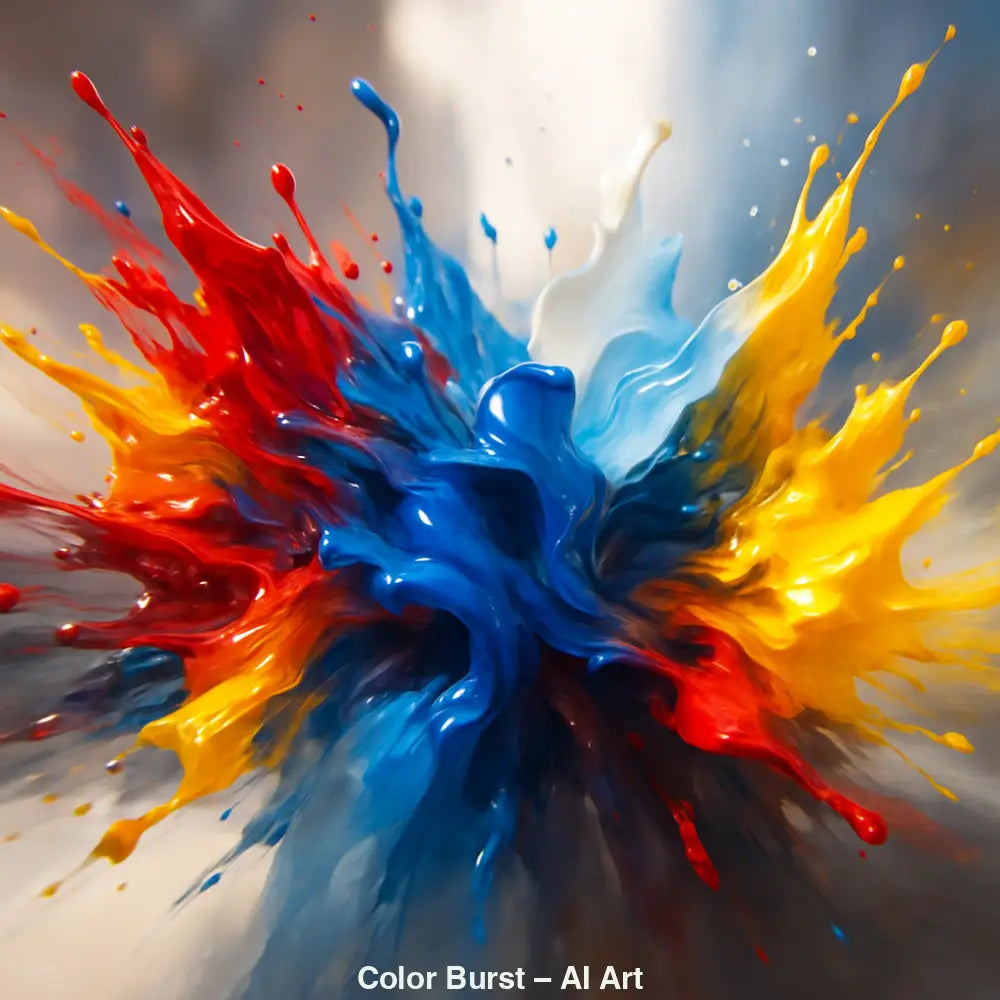 AI-Art Farbexplosion in Blau, Rot, Gelb und Weiß – dynamische, abstrakte Farbspritzer.