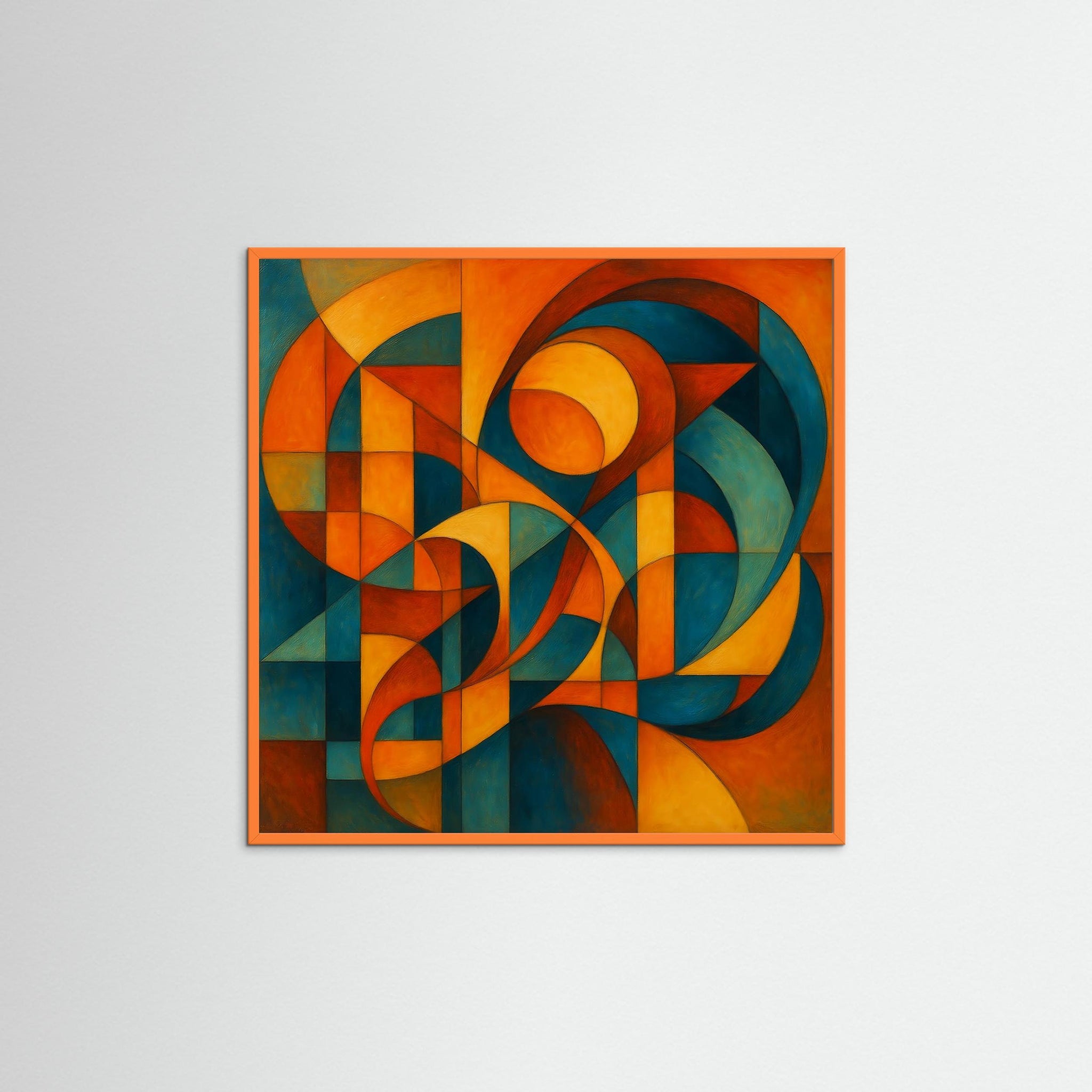 Color Geometry als Wandkunst mit orangem Echtholzrahmen