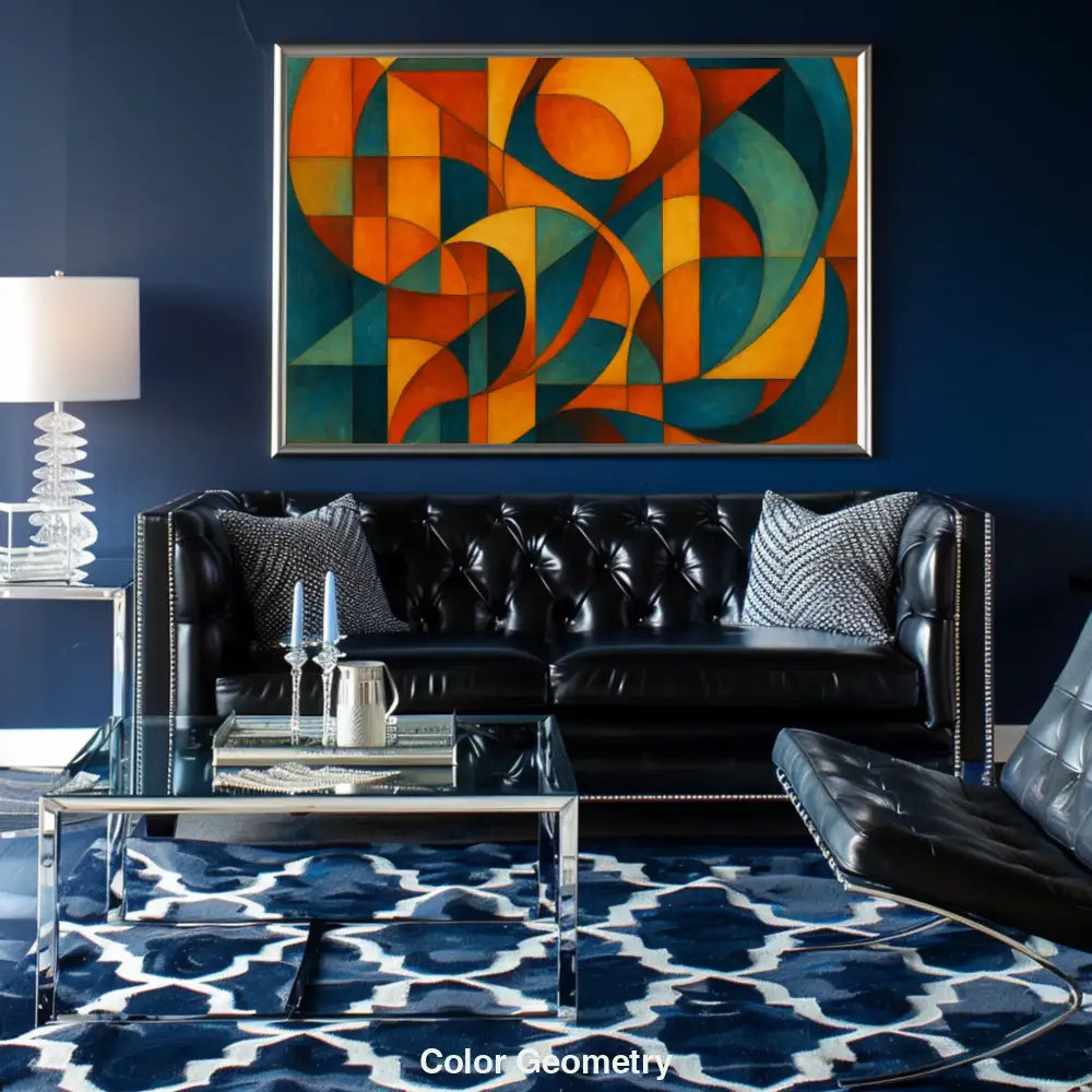 Abstrakte Komposition mit geometrischen Formen in Blau-, Orange- und Gelbtönen, voller Dynamik und Bewegung.