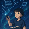 Kind zeichnet mit Lichtstift funkelnde Sternbilder – Herz, Buch, Mond und Planet – vor dunklem Nachthimmel.