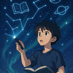 Kind zeichnet mit Lichtstift funkelnde Sternbilder – Herz, Buch, Mond und Planet – vor dunklem Nachthimmel.