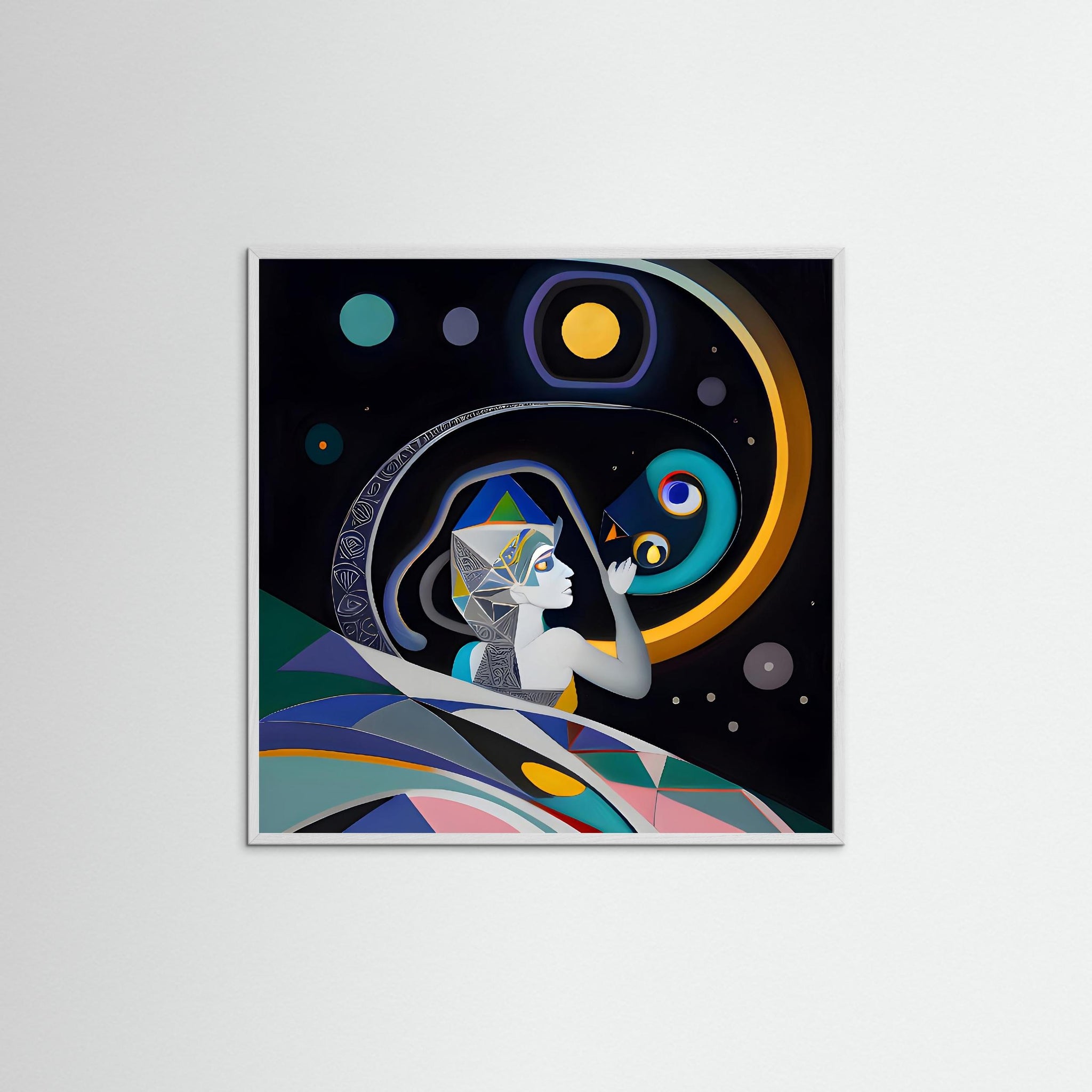 Cosmic Whispering Guardian als Kunstmotiv mit weißem Echtholzrahmen