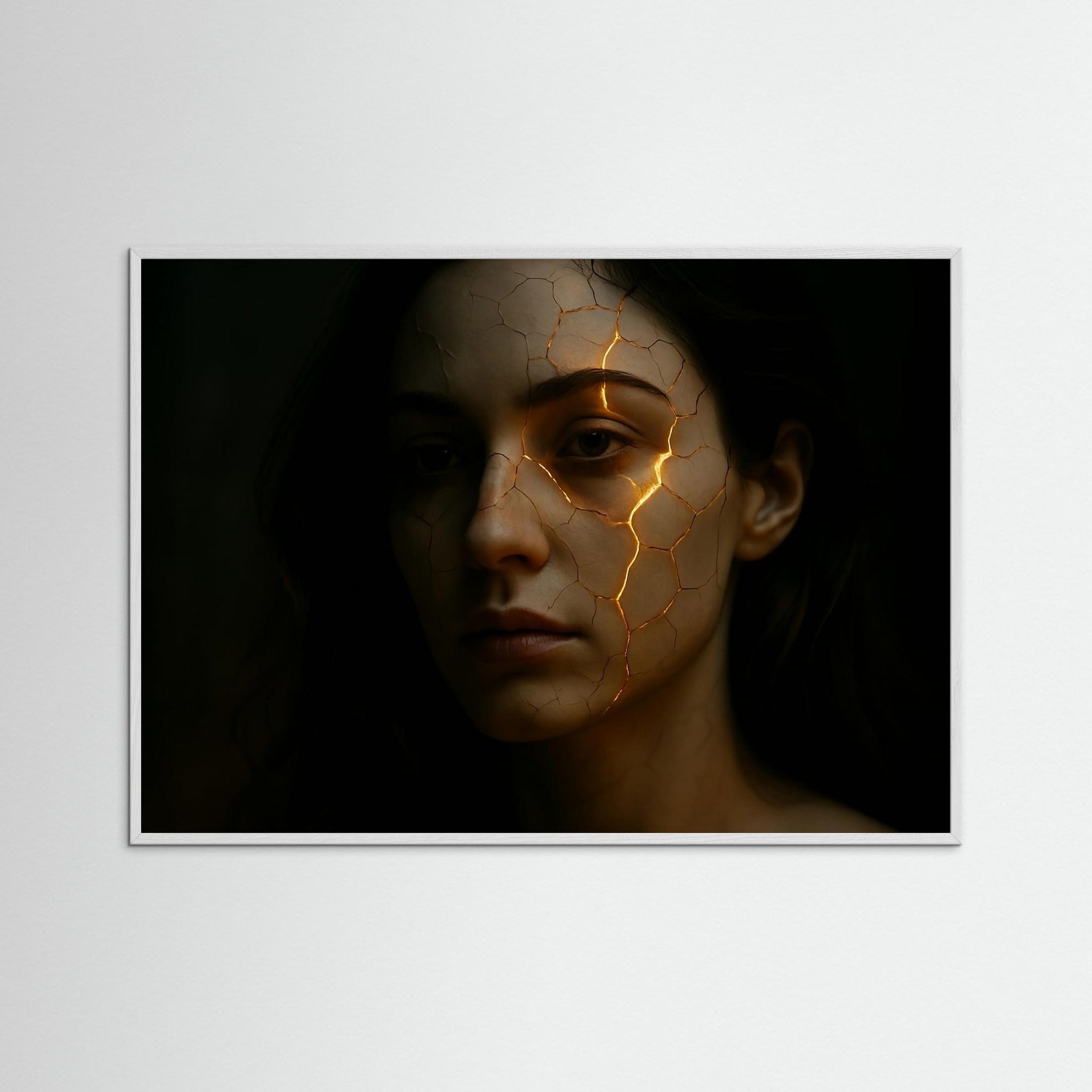Cracked Glow als gerahmtes Kunstmotiv mit weißem Echtholzrahmen