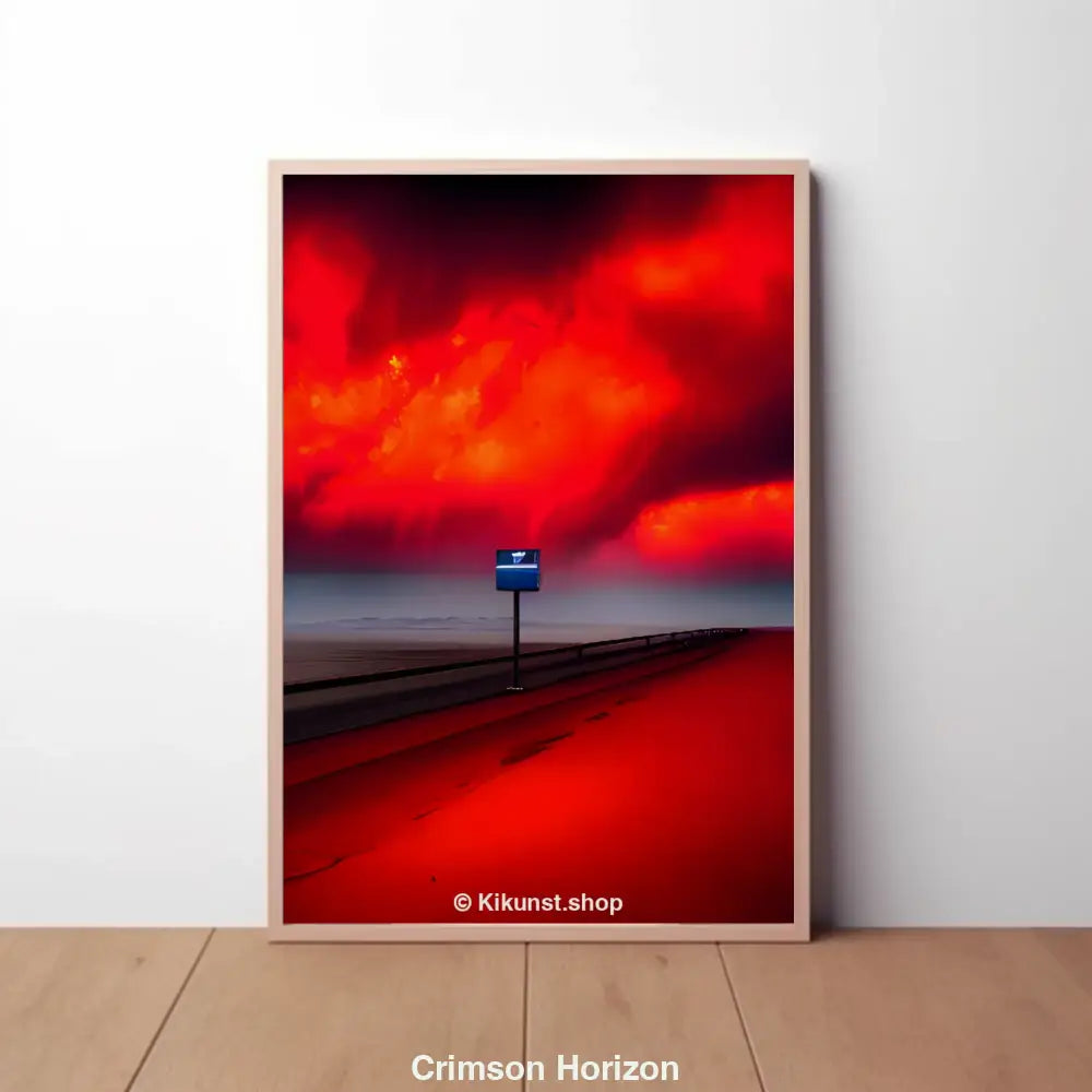 Eine leere Straße führt am Meer entlang unter einem dramatisch roten Himmel, der aussieht, als würde der Himmel in Flammen stehen. Ein Schild am Straßenrand.