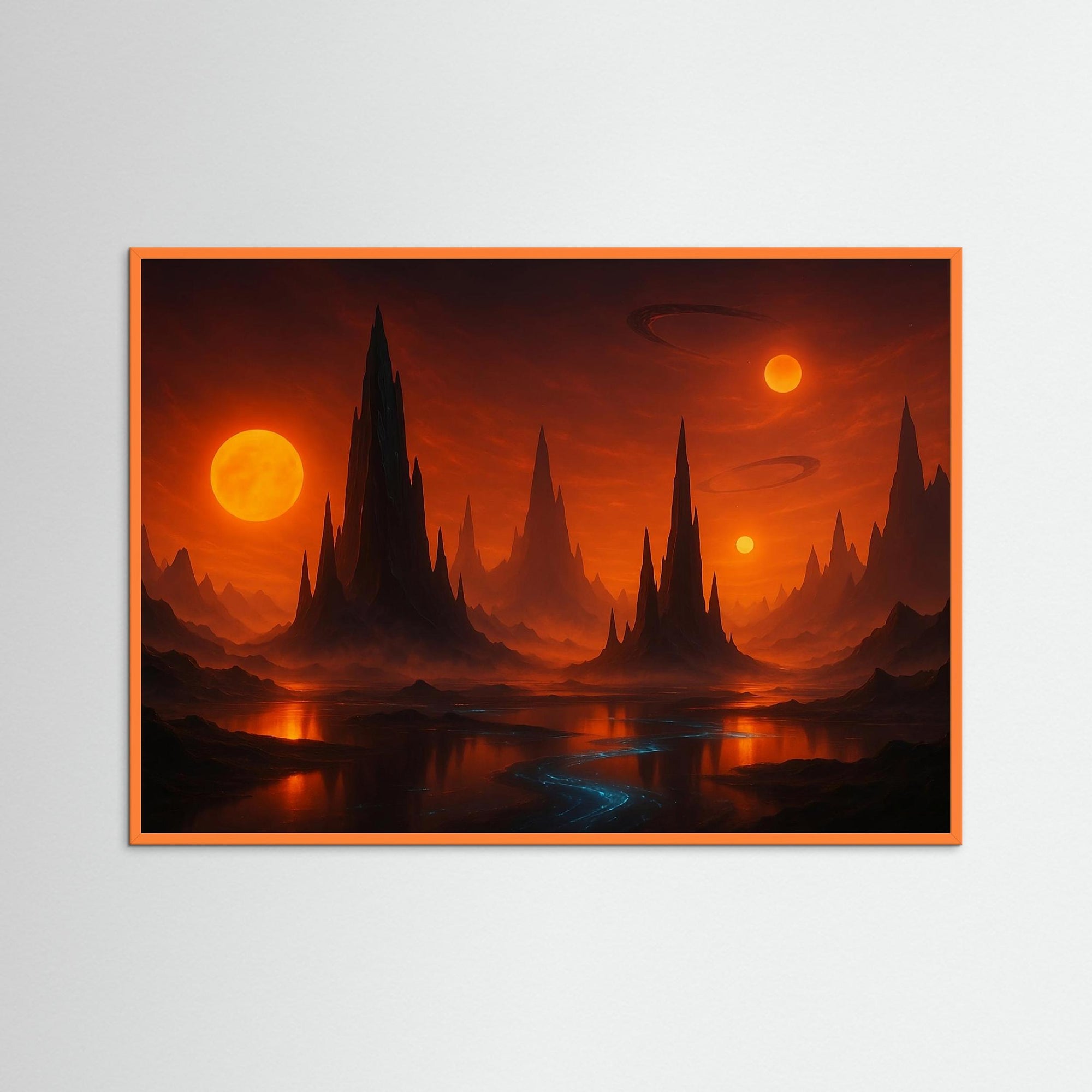 Crimson Moonscape als Wandkunst mit orangem Echtholzrahmen
