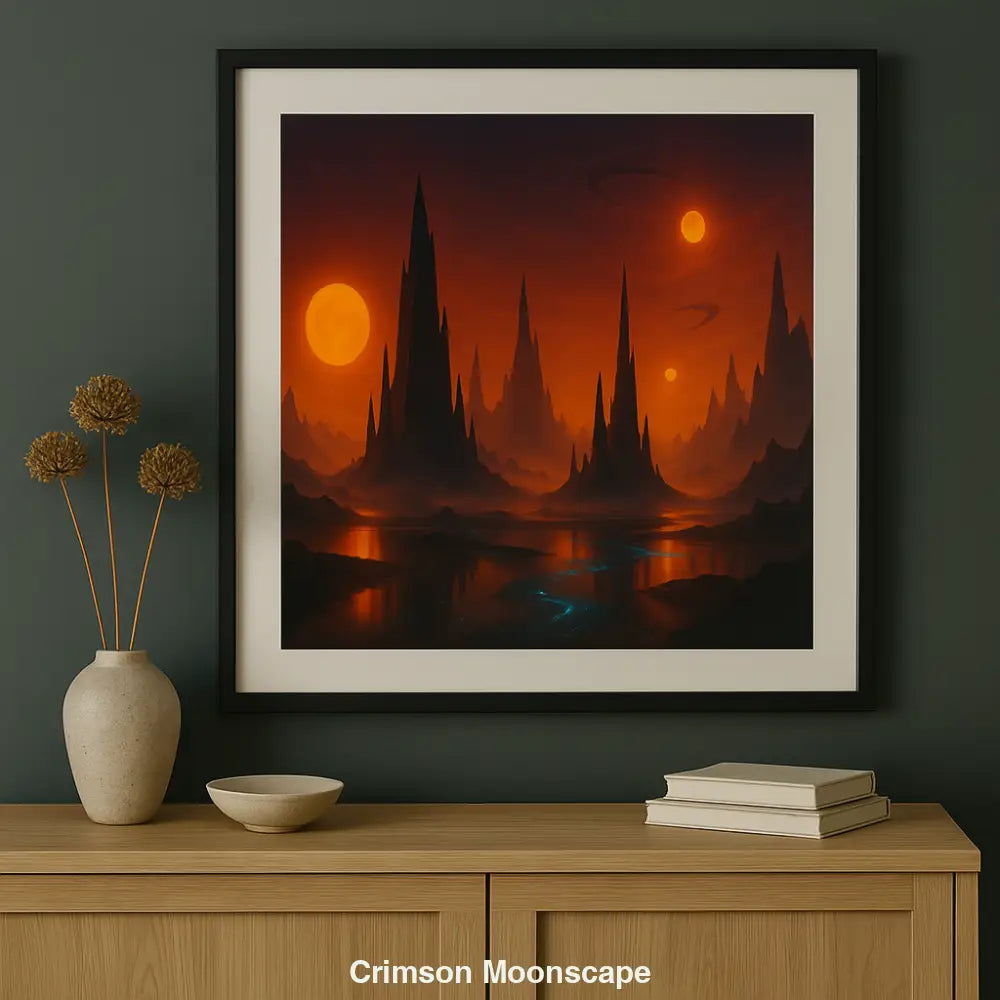 Gerahmte digitale Landschaft mit roten Monden über Sideboard vor dunkler Wand mit Deko.