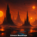 Science-Fiction-Landschaft mit mehreren Sonnen, roten Bergen und dunklem Himmel