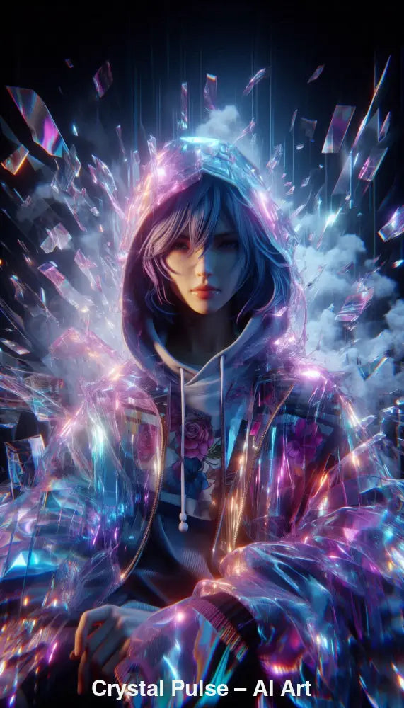 Crystal Pulse – AI Art, futuristische Figur mit kristallenen Lichtsplittern und Neonfarben.