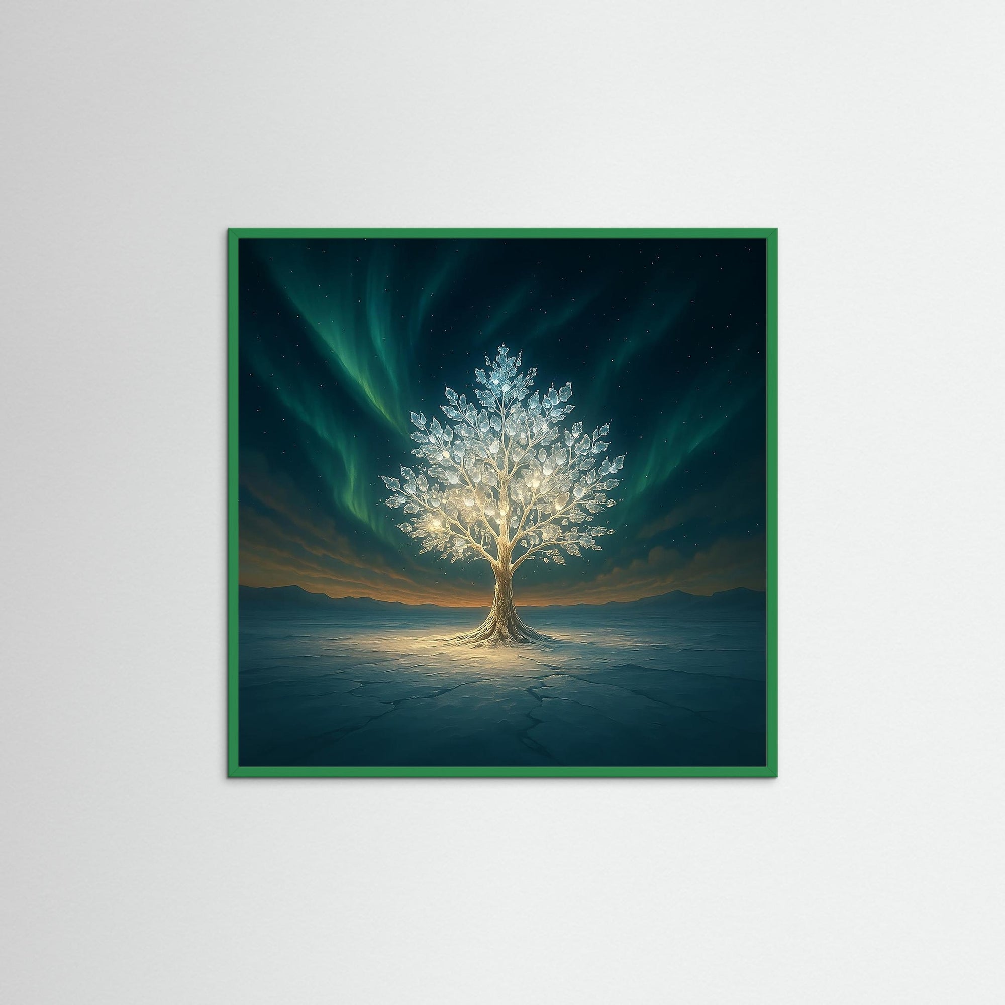 Crystal Tree als Wandbild mit grünem Echtholzrahmen
