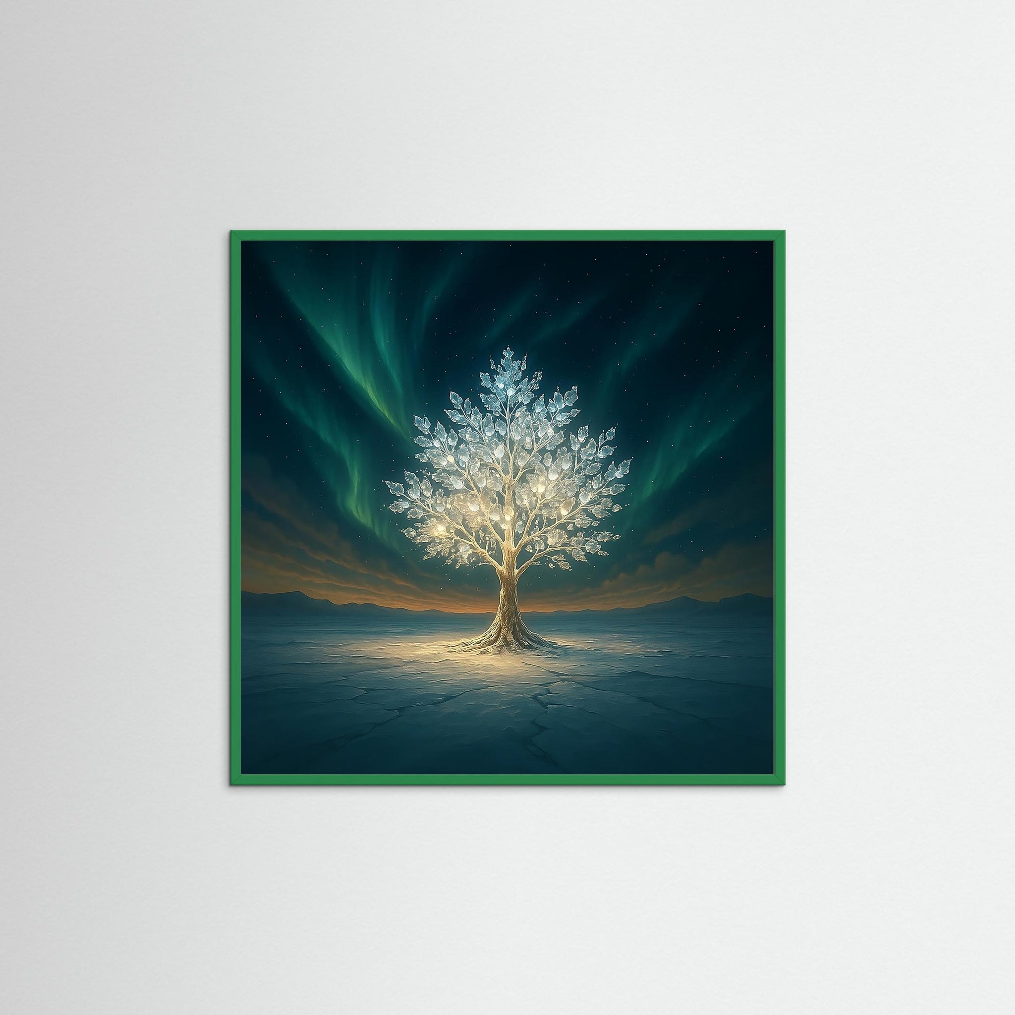 Crystal Tree als Wandbild mit grünem Echtholzrahmen