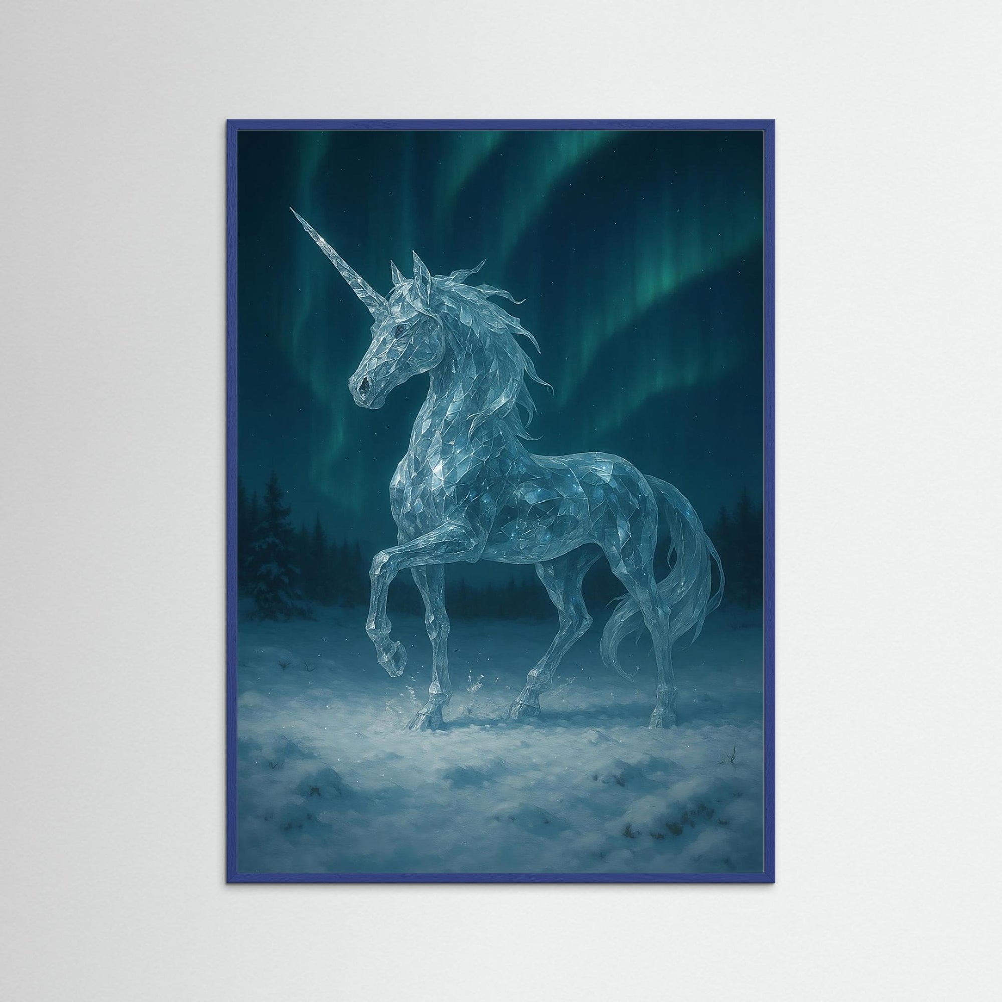 Crystal Unicorn of the North als Kunstwerk mit blauem Echtholzrahmen