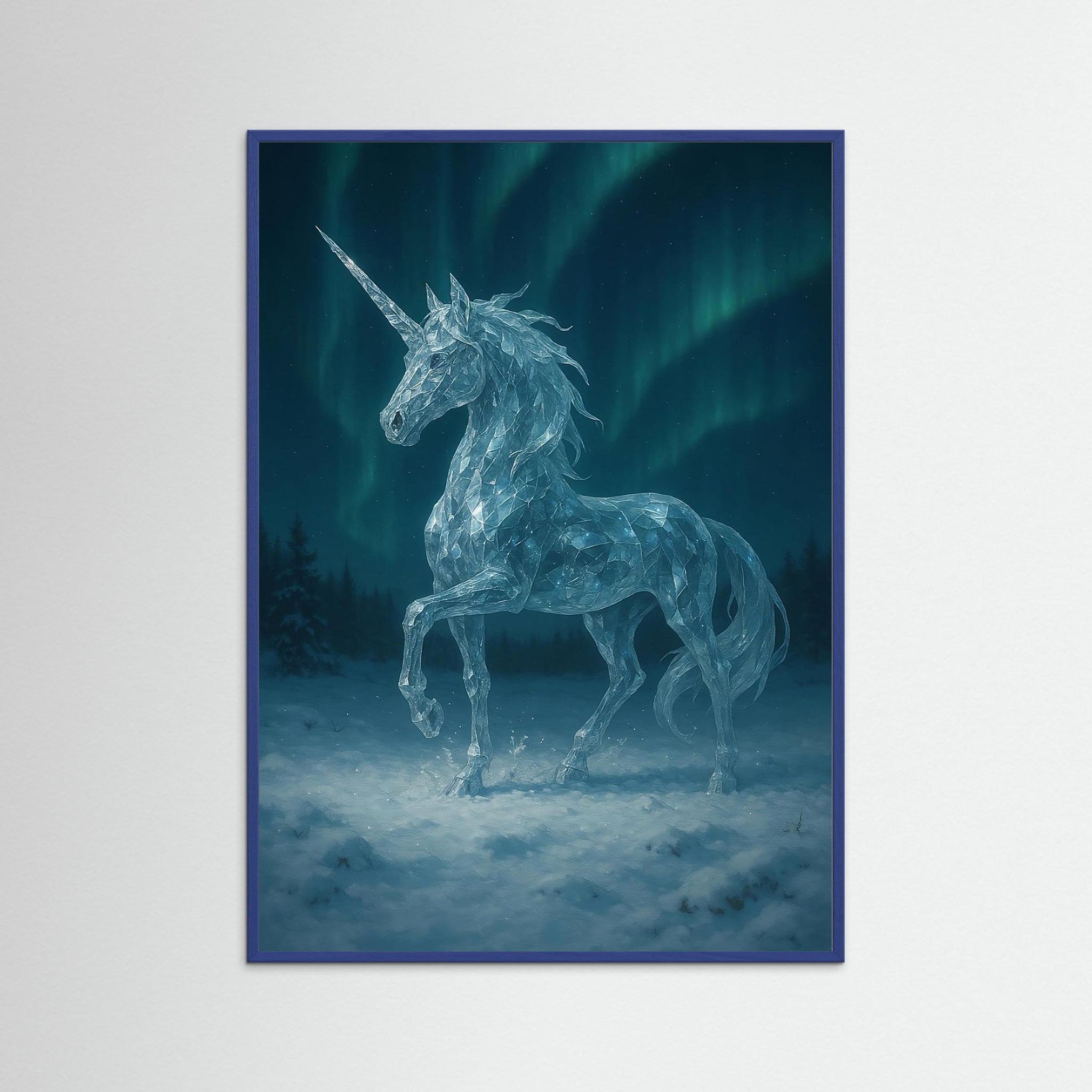 Crystal Unicorn of the North als Kunstwerk mit blauem Echtholzrahmen