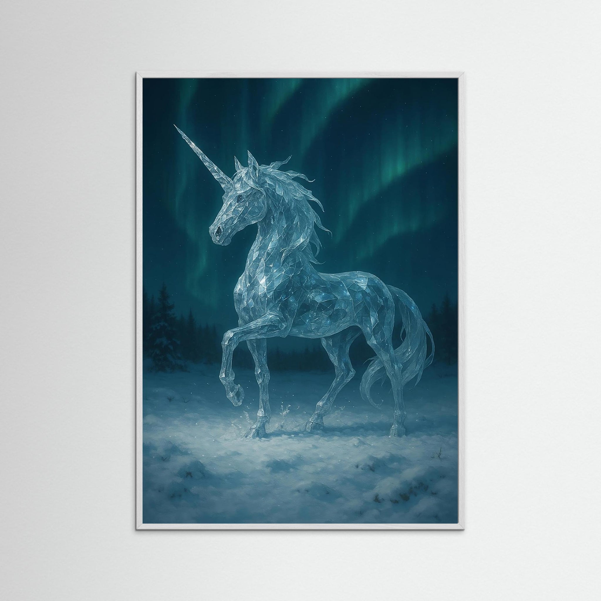 Gerahmte Ausführung von Crystal Unicorn of the North mit weißem Echtholzrahmen
