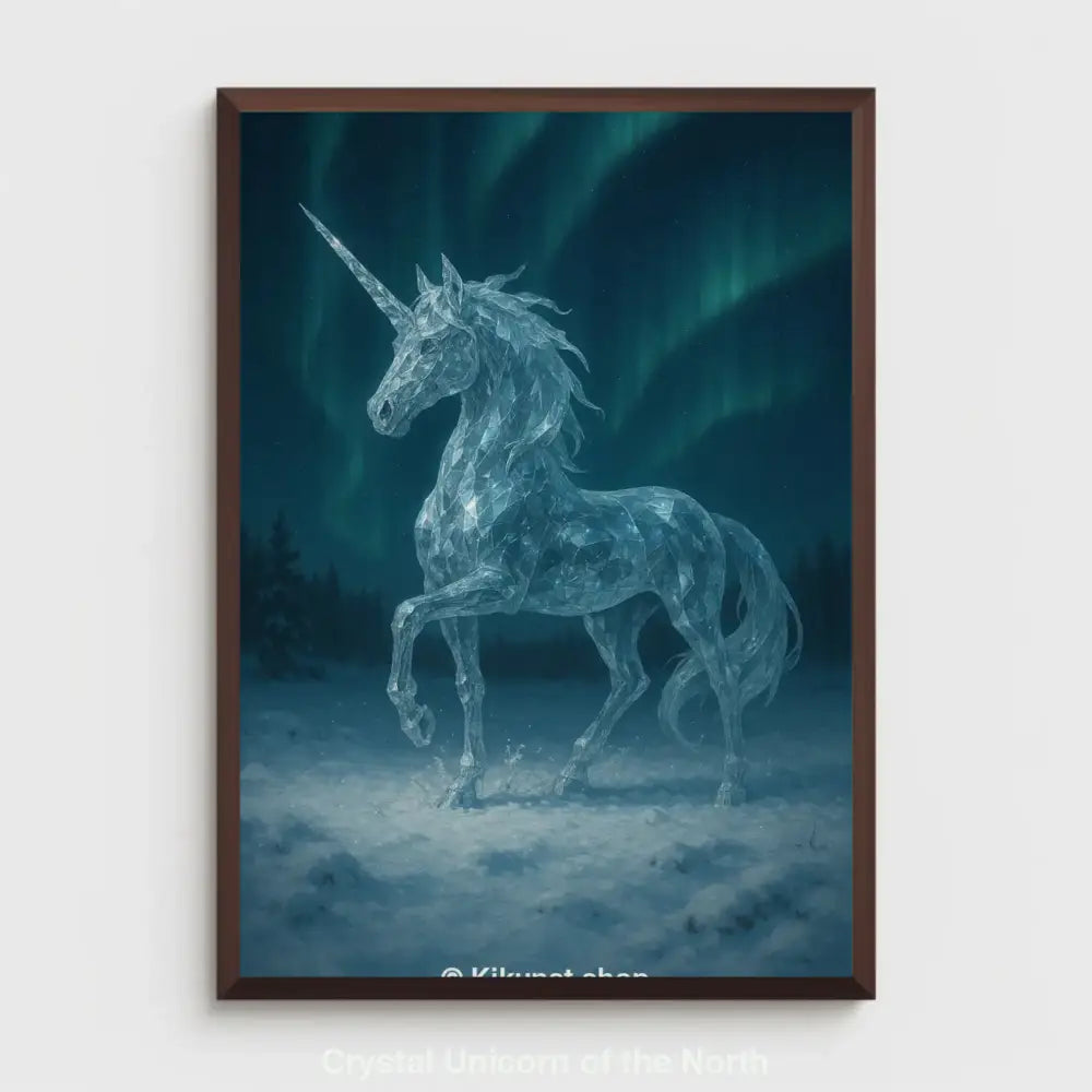 Ein funkelndes Kristall-Einhorn steht majestätisch im Schnee, umgeben von Nordlichtern am Nachthimmel. Magische Szene in eisiger Winterlandschaft.