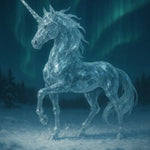 Kristallines Einhorn aus Eis auf verschneiter Lichtung, beleuchtet von grün-bläulichen Polarlichtern am Nachthimmel.