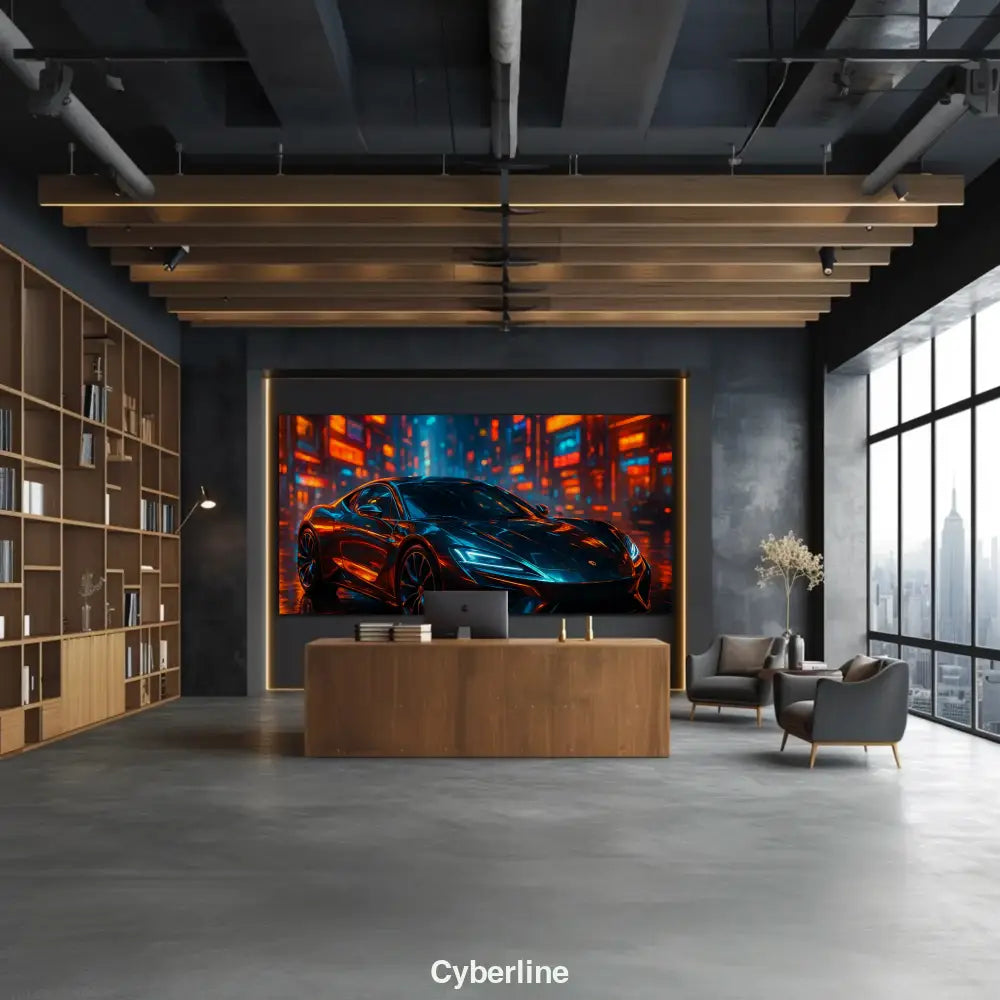 Mockup eines Kunstdrucks „Cyberline“ mit Sportwagen in leuchtender Neonstadt