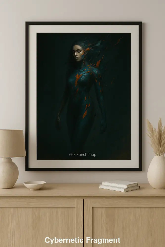 „Gerahmte digitale Kunst einer futuristischen Frau in Fragment-Optik – ausgestellt über einem hellen Holzsideboard mit minimalistischer Deko.“