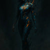 Futuristische, fragmentierte Cyborg-Frau mit blauen und orangen Polygonen auf dunklem Hintergrund – digitale Sci-Fi-Kunst.