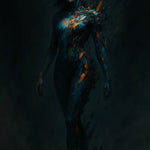Futuristische, fragmentierte Cyborg-Frau mit blauen und orangen Polygonen auf dunklem Hintergrund – digitale Sci-Fi-Kunst.