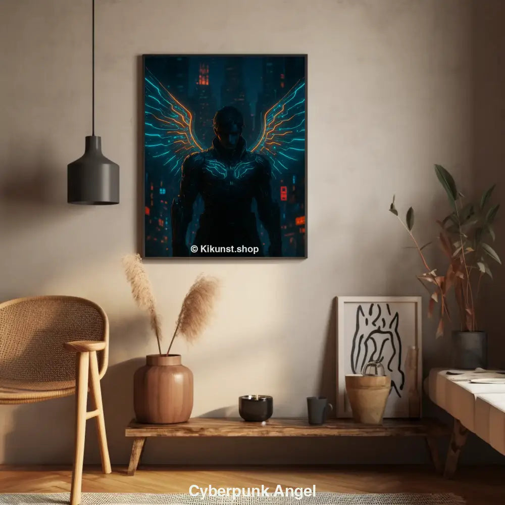 Ein dunkler Cyberkrieger mit leuchtenden, blauen Neonflügeln steht inmitten einer futuristischen Großstadt bei Nacht.