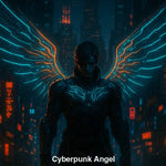 Cyberpunk-Engel mit leuchtenden, neonblauen Flügeln vor futuristischer Stadtlandschaft bei Nacht