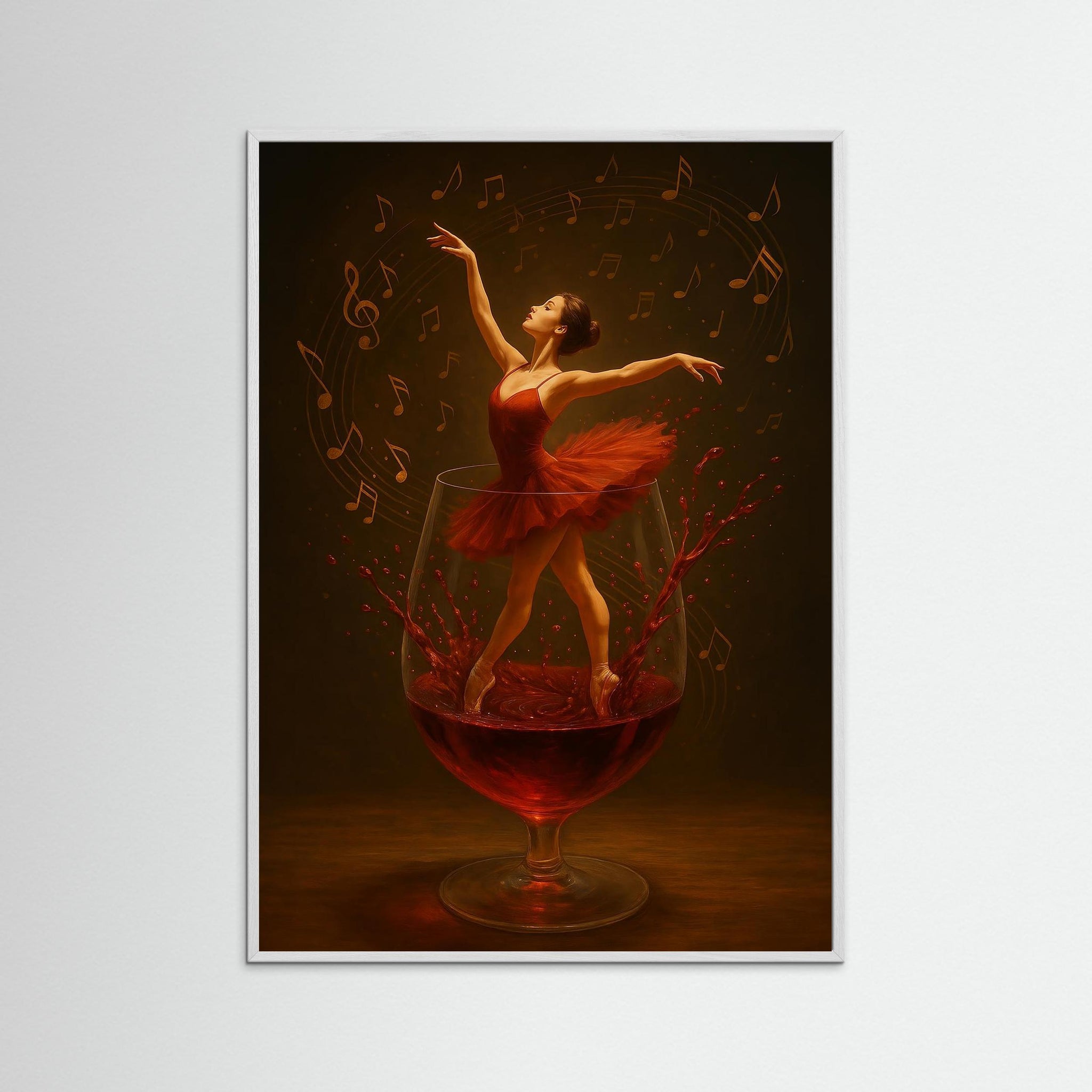 Gerahmte Ausführung von Dance in Red Wine mit weißem Echtholzrahmen
