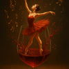 ballerina tanzt im glas mit rotem wein umgeben von musiknoten – digitale ki kunst