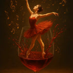 ballerina tanzt im glas mit rotem wein umgeben von musiknoten – digitale ki kunst