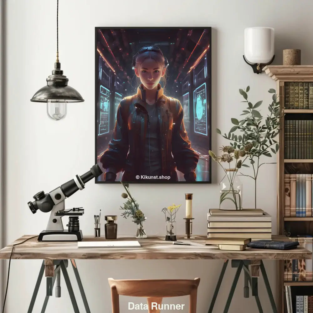 Eine junge Frau mit Headset steht in einem futuristischen Korridor, umgeben von leuchtenden Daten-Panels. Sie wirkt entschlossen und bereit für ihre Mission.