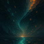 Abstrakte digitale Landschaft mit pixelartigen Formen und leuchtendem Horizont
