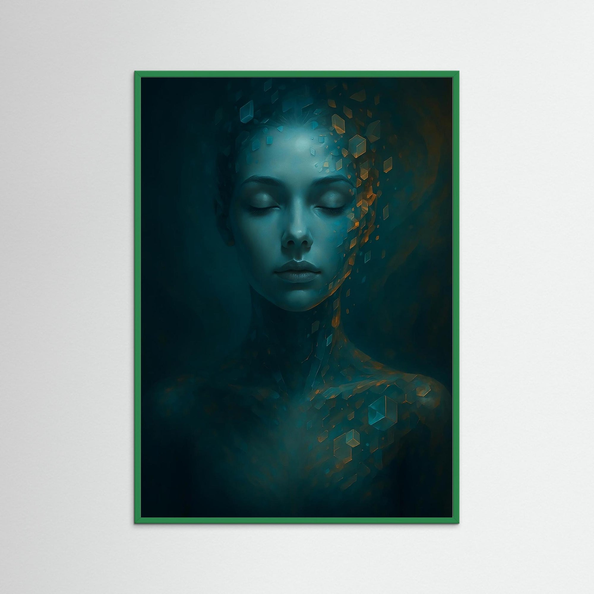 Digital Serenity als Kunstwerk mit grünem Echtholzrahmen