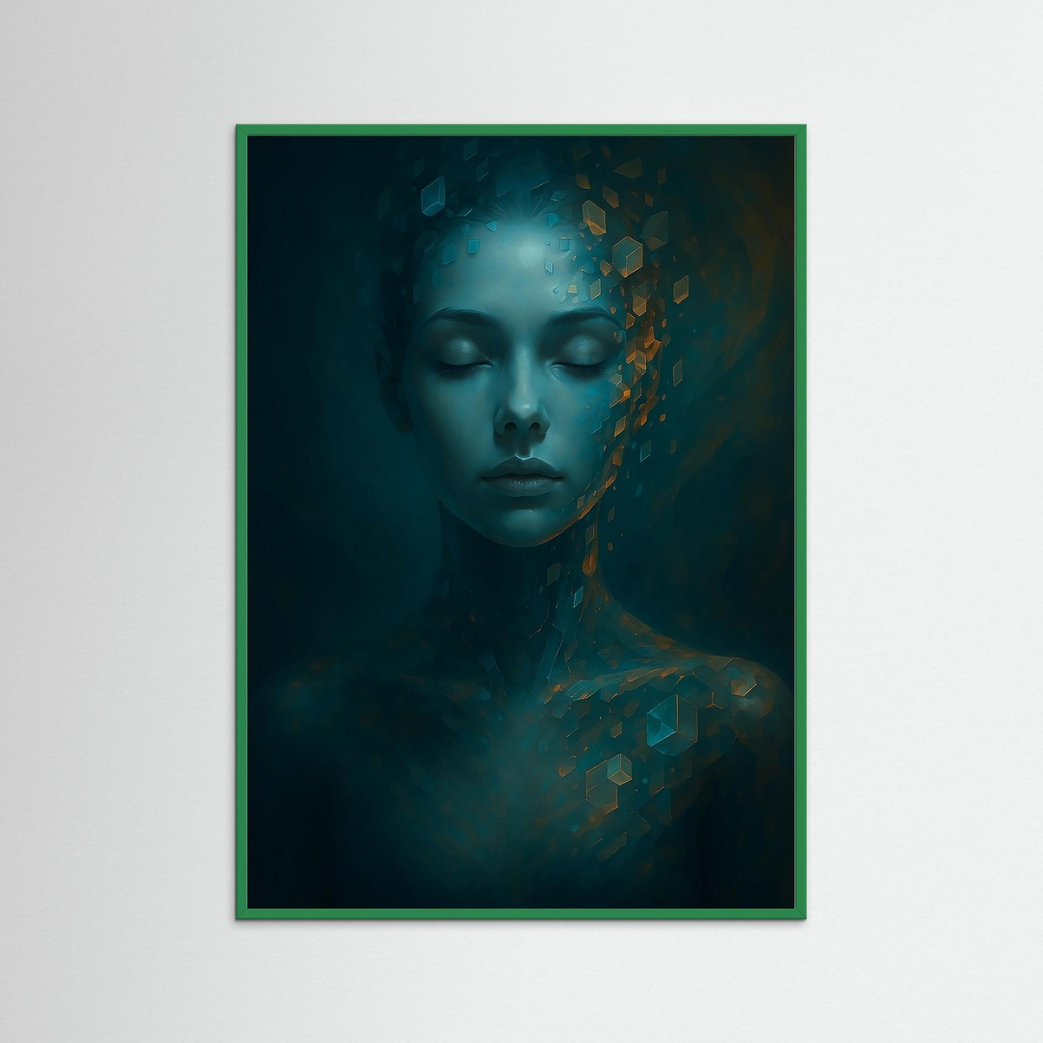 Digital Serenity als Kunstwerk mit grünem Echtholzrahmen