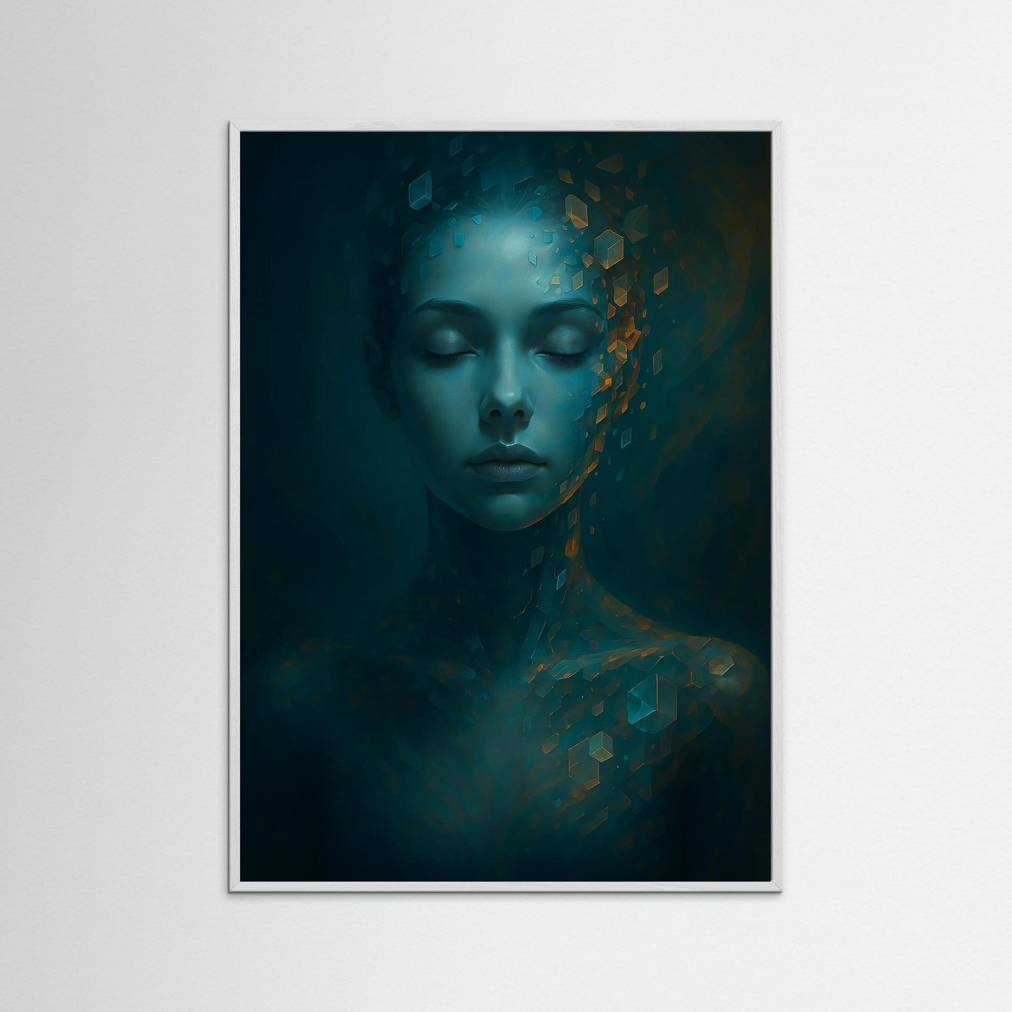 Gerahmte Ausführung des Kunstdrucks Digital Serenity mit weißem Echtholzrahmen