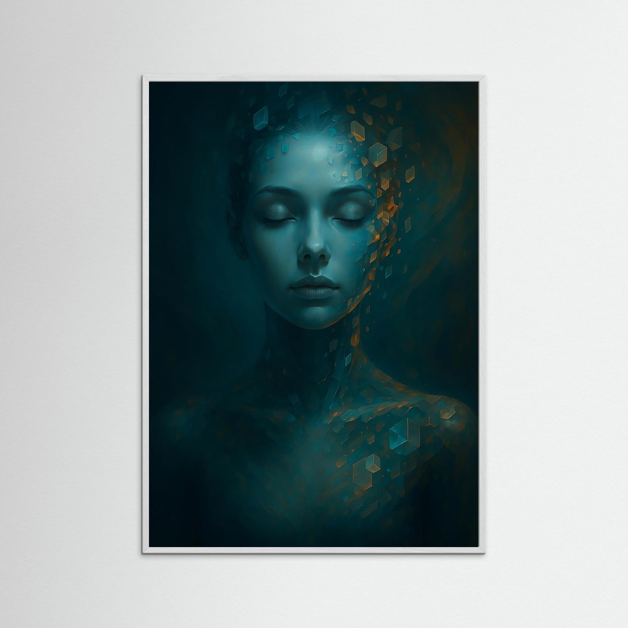 Gerahmte Ausführung des Kunstdrucks Digital Serenity mit weißem Echtholzrahmen