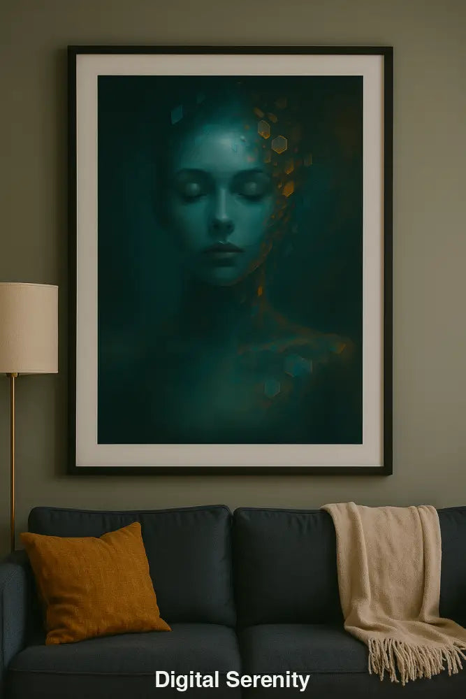 Gerahmte digitale Illustration eines KI-inspirierten Frauenporträts mit geometrischen Formen über einem Sofa in Olivgrün.