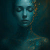 Porträt einer Frau mit geschlossenen Augen, KI-generiert, mit geometrischen Pixeln – „Digital Serenity“ Kunstwerk