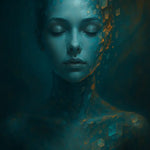 Porträt einer Frau mit geschlossenen Augen, KI-generiert, mit geometrischen Pixeln – „Digital Serenity“ Kunstwerk