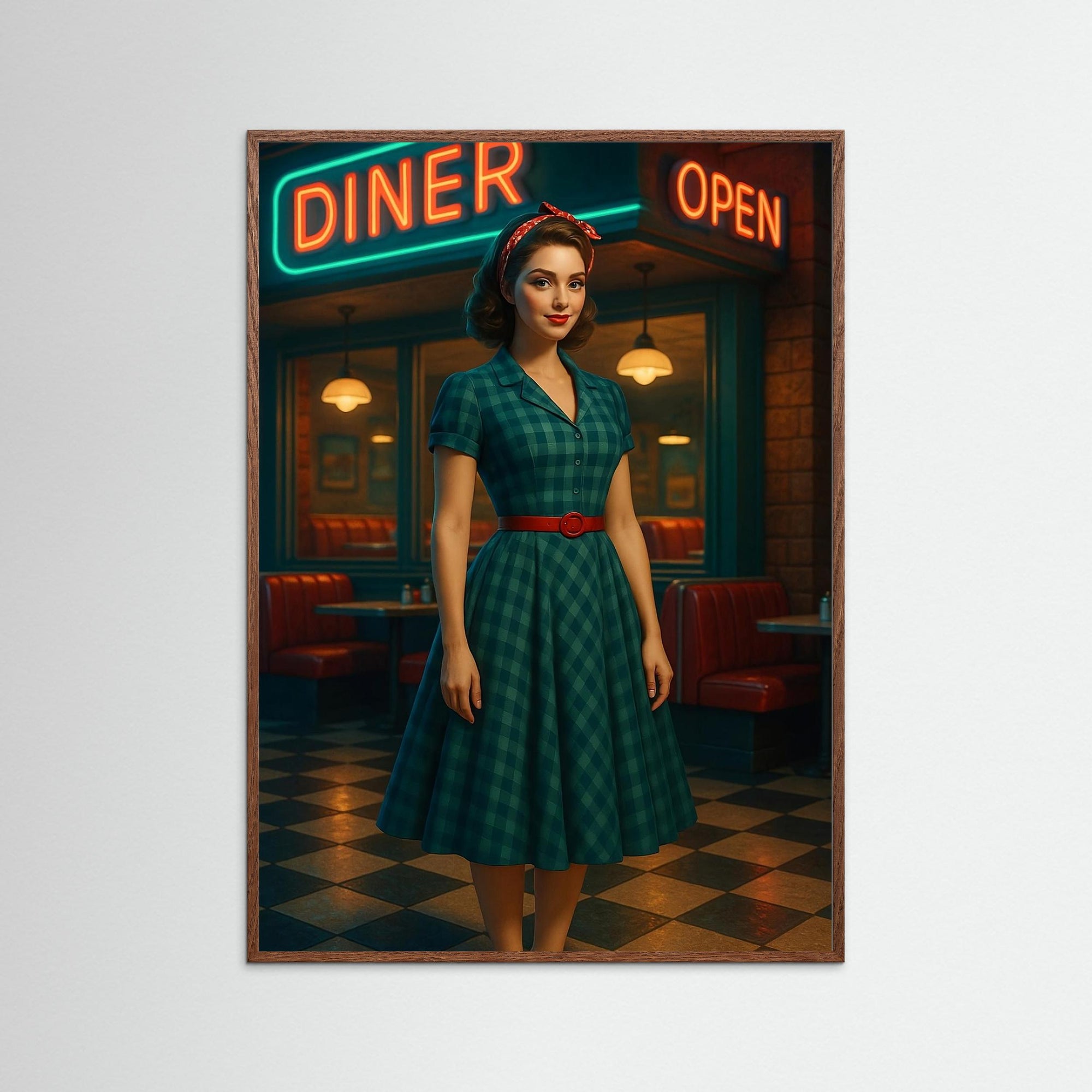 Diner Belle als Kunstwerk mit dunklem Echtholzrahmen