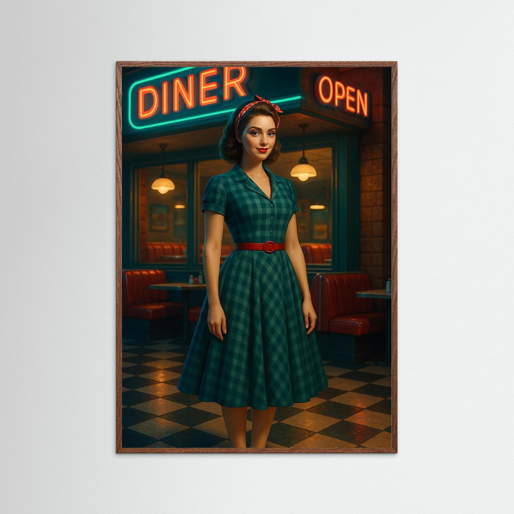 Diner Belle als Kunstwerk mit dunklem Echtholzrahmen