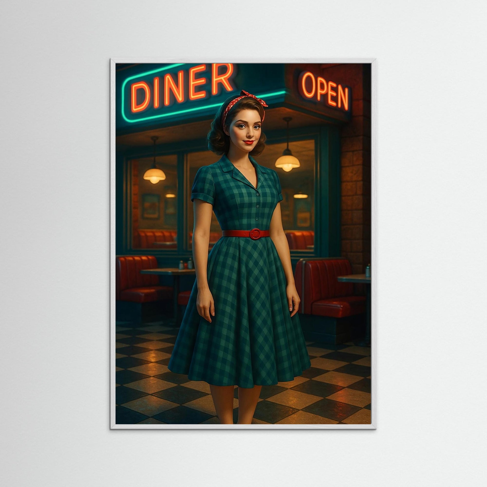 Gerahmte Ausführung des Kunstdrucks Diner Belle mit weißem Echtholzrahmen