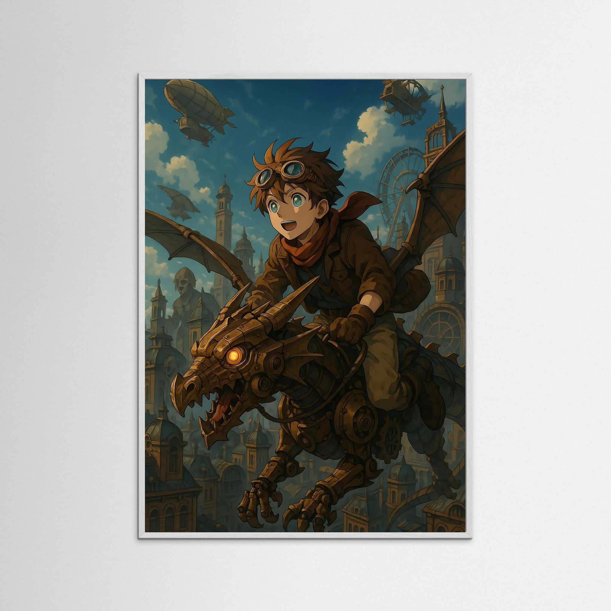 Gerahmte Ausführung des Kunstdrucks Dragonflight mit weißem Echtholzrahmen